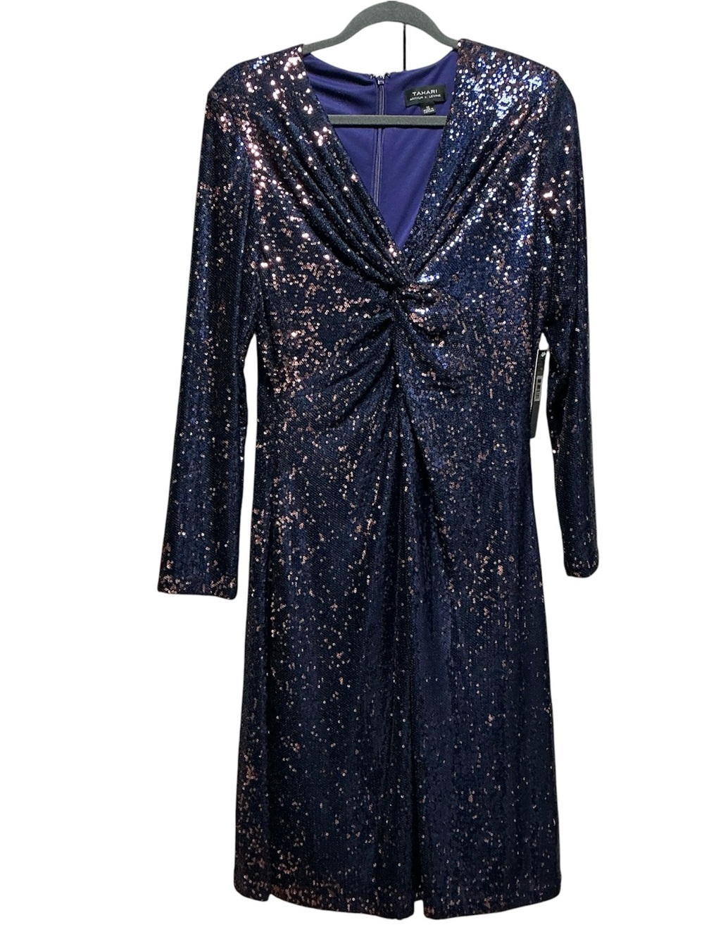 NWT Tahari Knot Front Long Sleeve Metallic Jersey Dress Blue Size 10